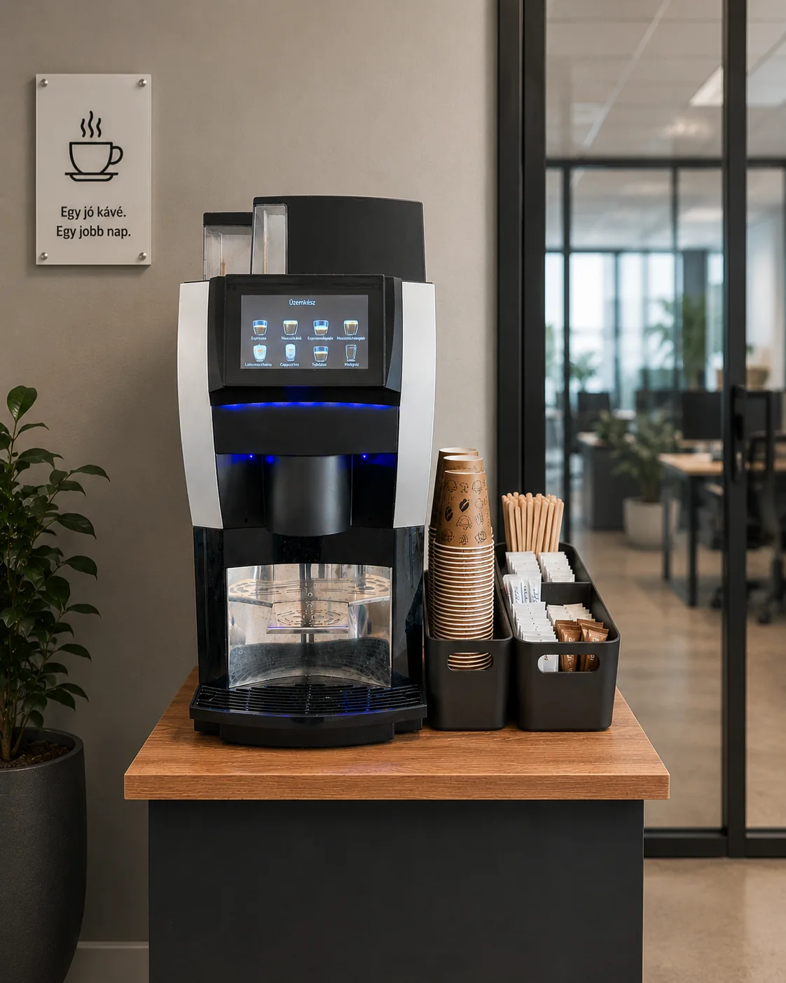 IVP Coffee Point munkahelyi kávésarok asztali kávégéppel és kínálóval irodai környezetben