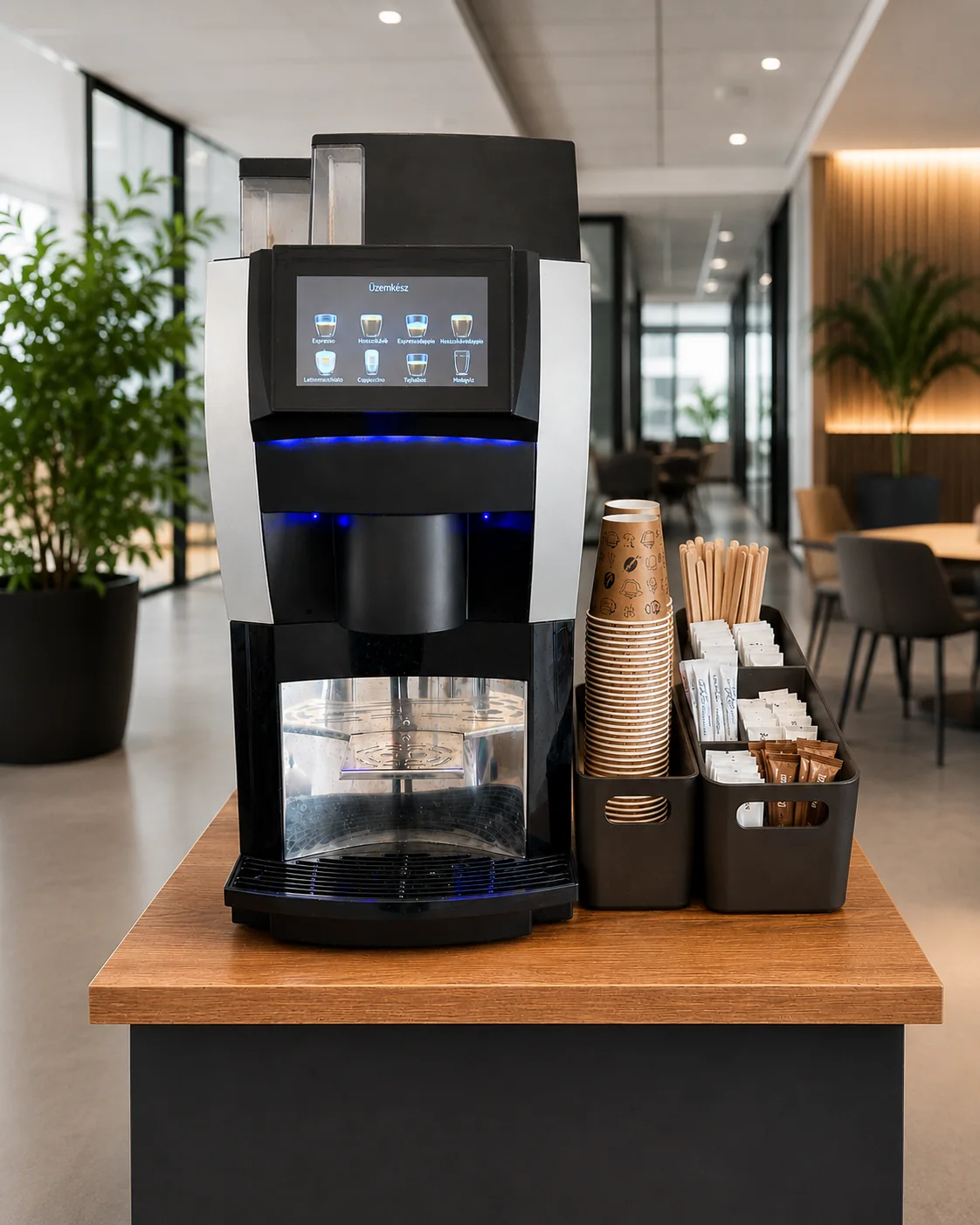 IVP Coffee Point prémium kínáló állomással tárgyalói és ügyféltéri környezetben