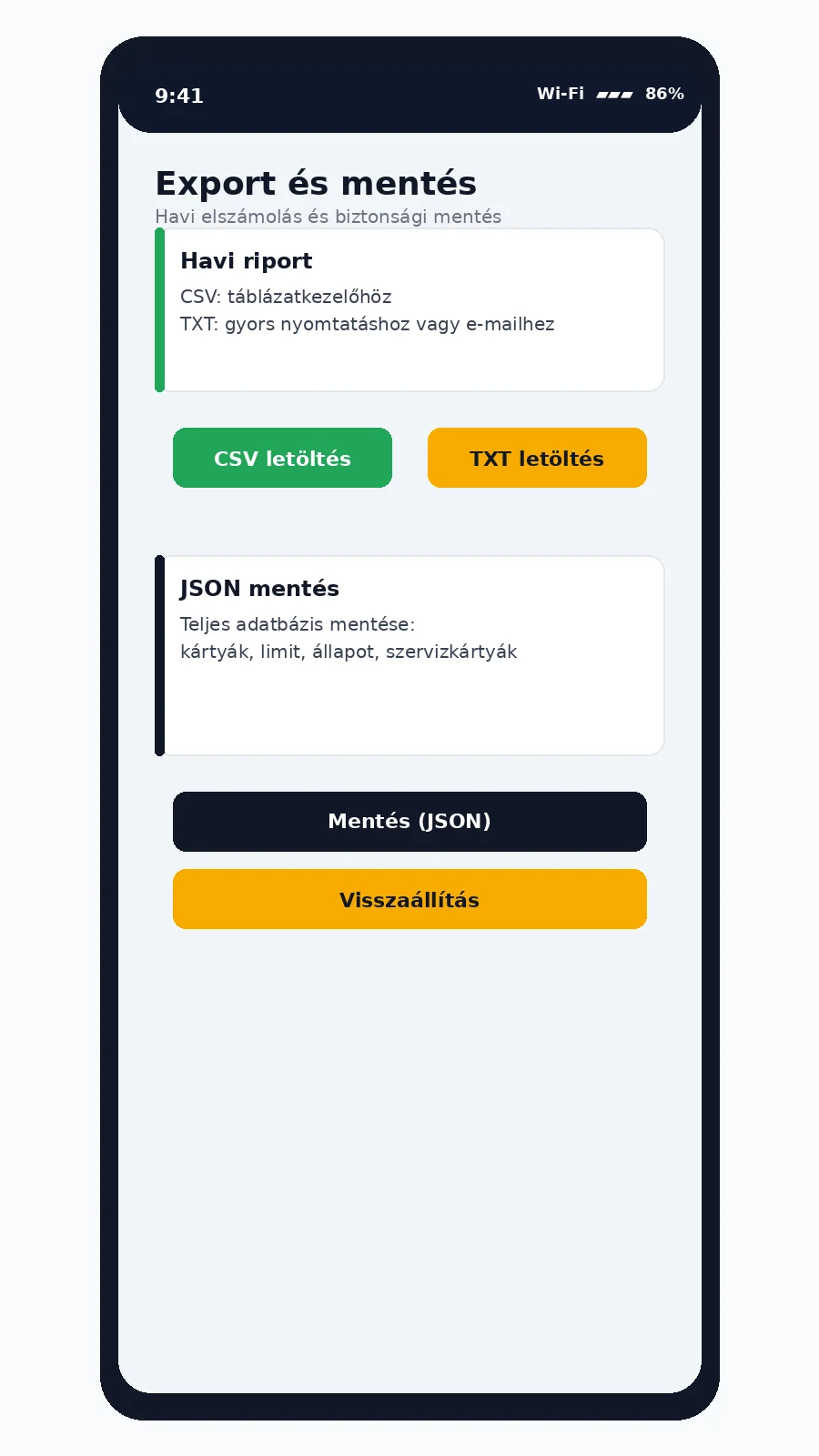 CupKey export és JSON mentés képernyő