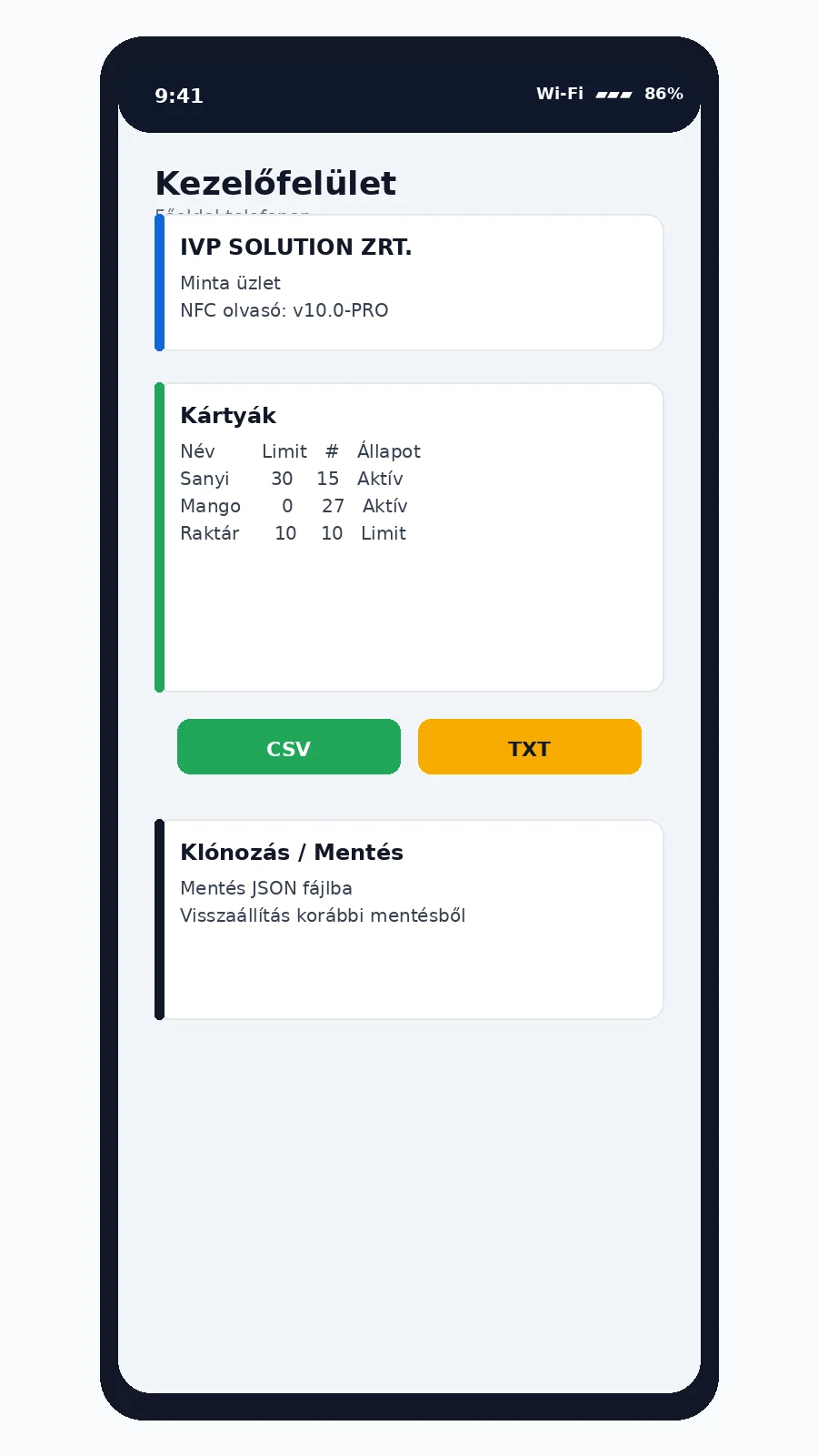 CupKey telefonos kezelőfelület főoldal és kártyák