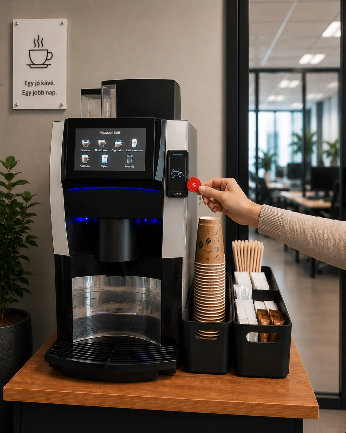 IVPay CupKey használat asztali kávégépen NFC kulcstartóval