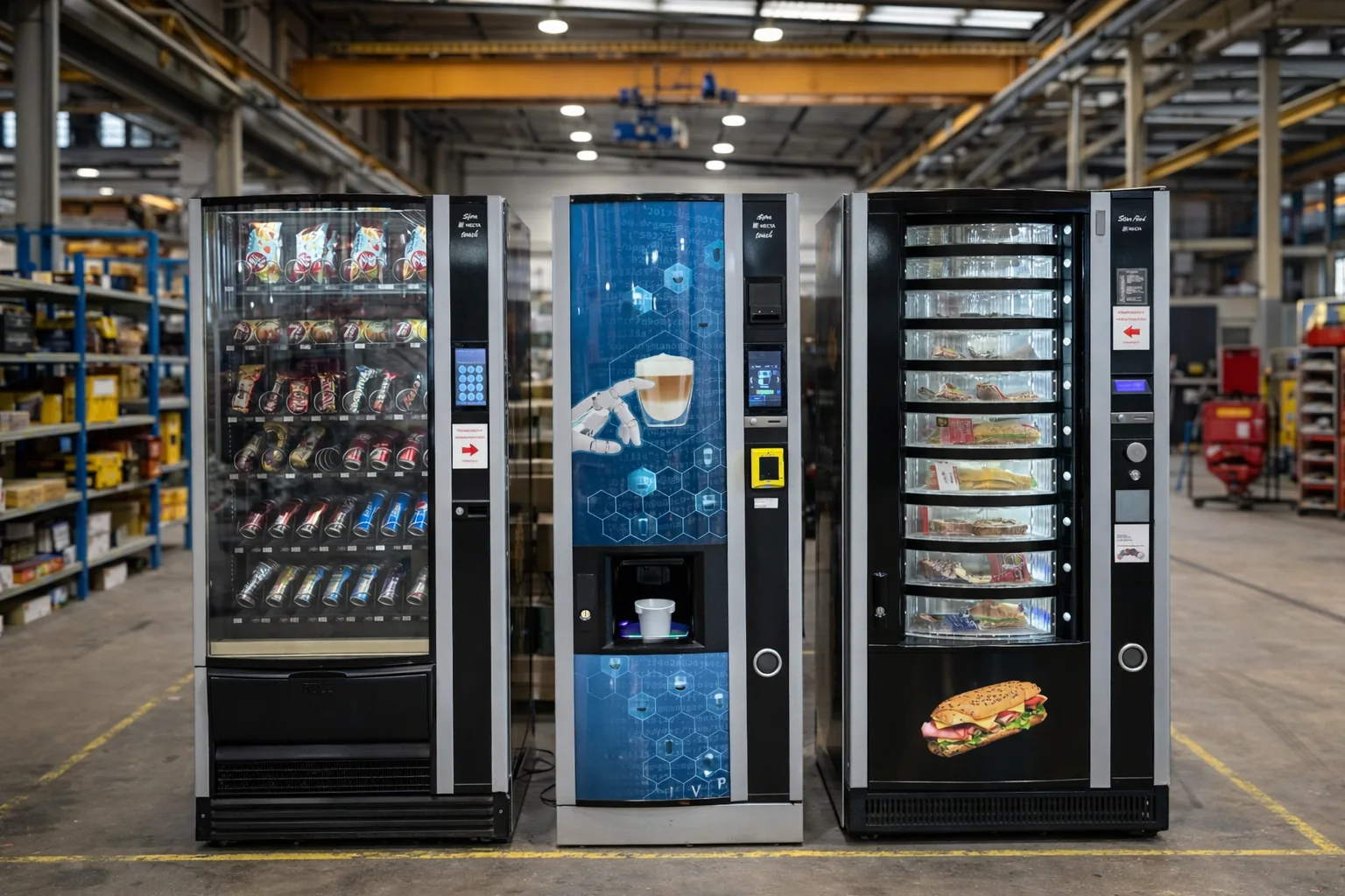 Coffee, snack and food machines in a factory environment